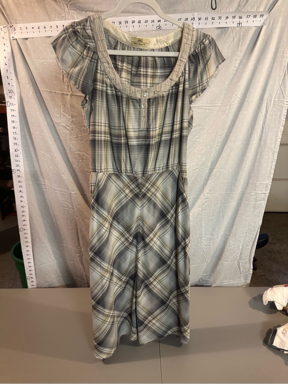 EDUN Plaid Midi Dress in Gray and Cream with Subtle Yellow